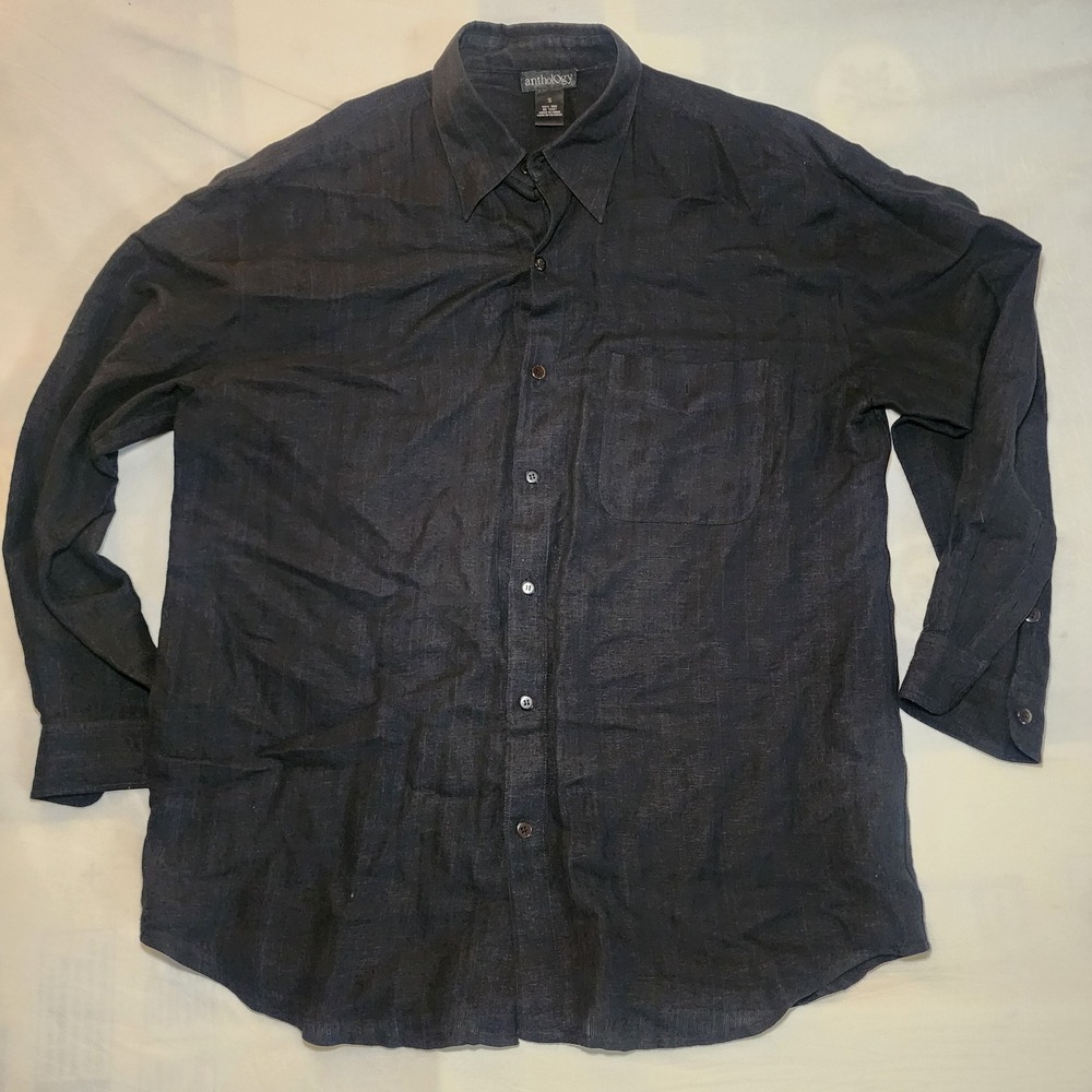 Anthology Mens Black 100% Silk Long Sleeve Button Down Shirt Small Textur Pocket